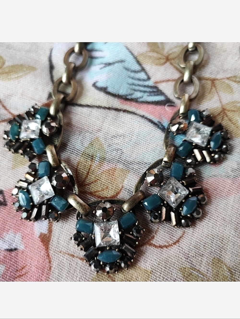 LOFT Emerald Cut Square Rhinestone Creamy Teal Opaque Necklace Antiqued Brass